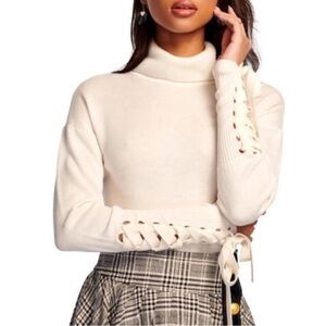 Ramy Brook Cream Lace-Up Turtleneck Sweater